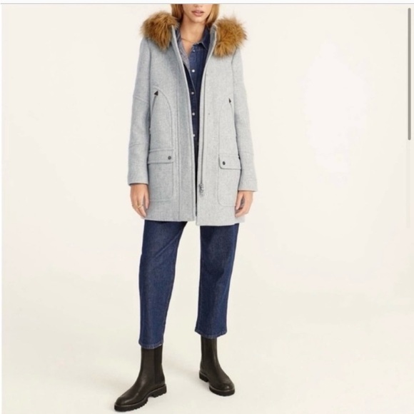 J. Crew Chateau Parka in Italian stadium-cloth wool Gray Coat Fur Hood Size 0 - Picture 7 of 8